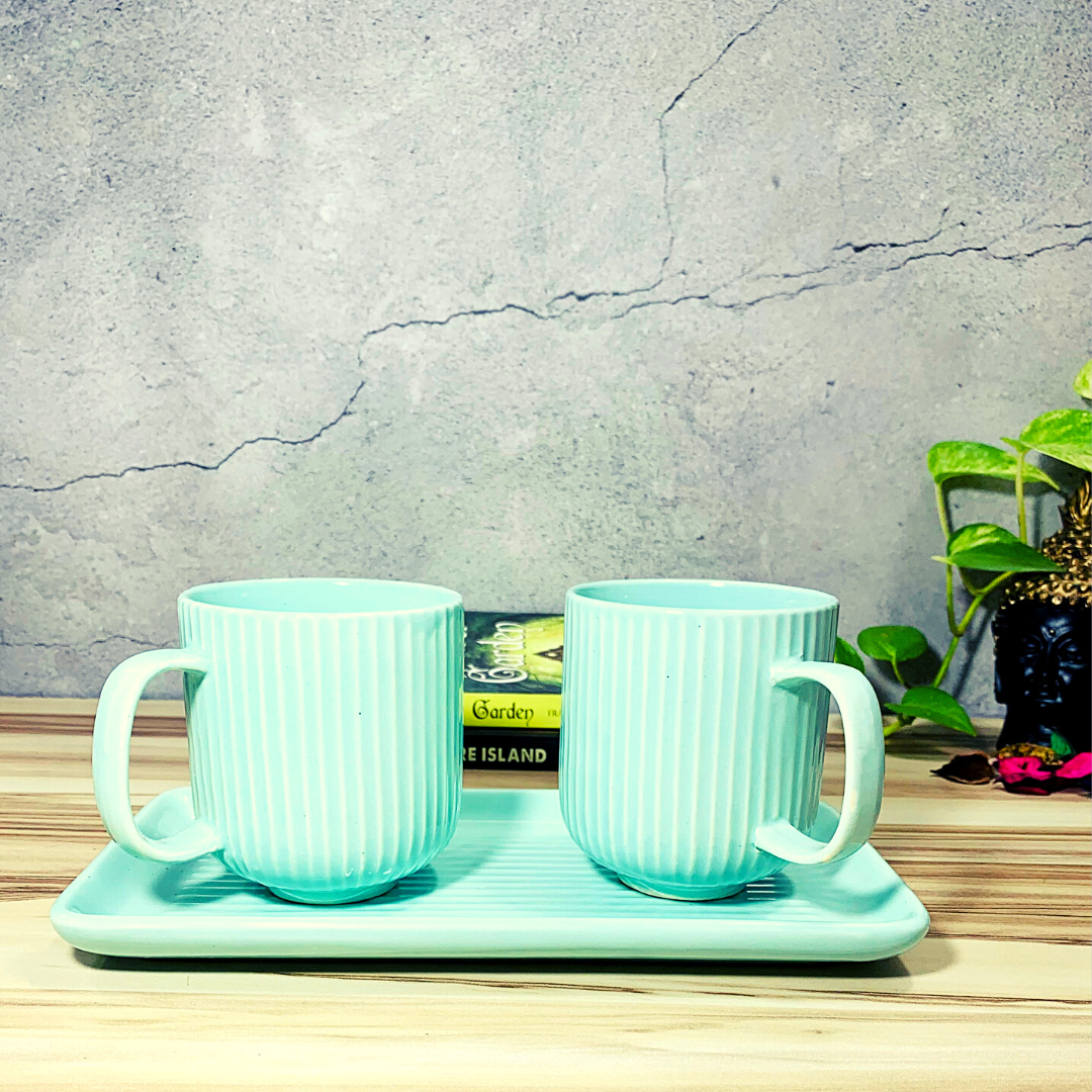 Homefrills Premium Stoneware Handmade Striped Design Ceramic Tea Cups & Milk/Coffee Mugs Along with Tray Microwave Dishwasher Safe - Pack of 3 ( 2 Cups and 1 Tray) Green , 300ml